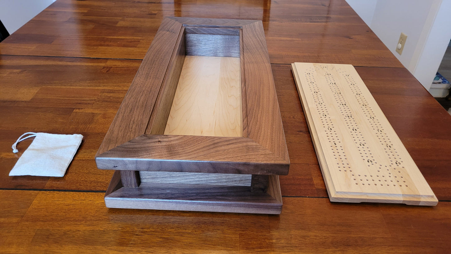 Cribbage Board with Storage Box -  3 Track - Walnut and Maple - Hand Made