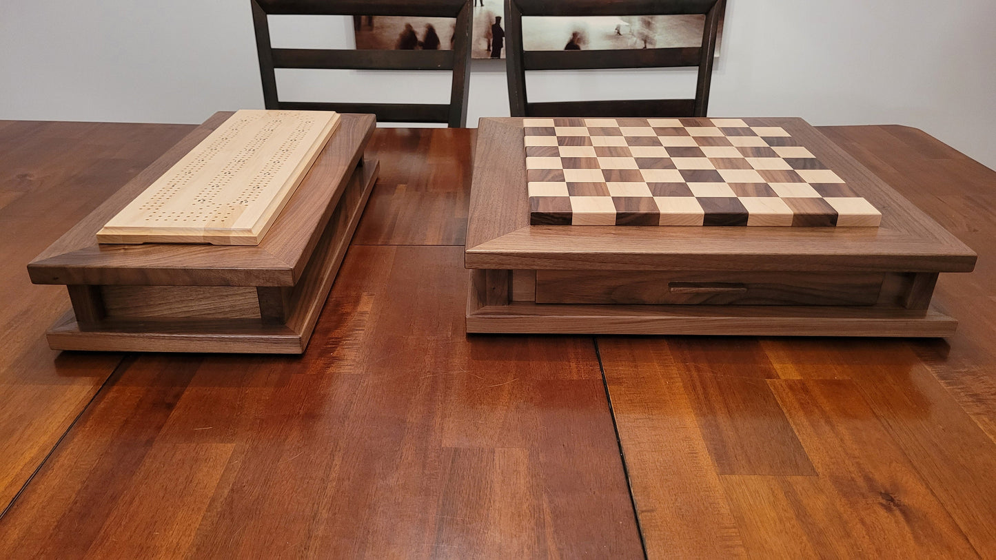 Premium Chess and Cribbage Boards - Matching Set -  Solid Walnut and Maple - Hand Made
