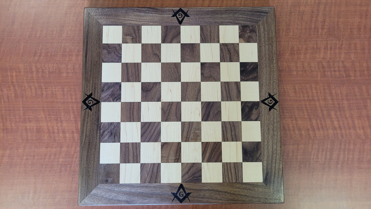 Masonic Wood Chess Set - Walnut and Maple - Coffee Table Size - Flat Board