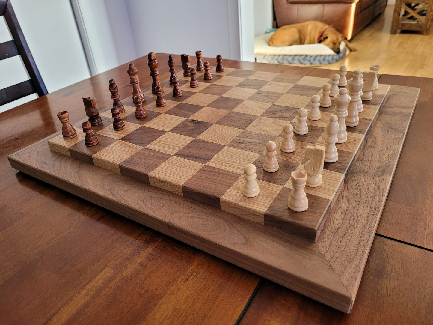 Wood Chess Set - Raised Board - Walnut and White Oak - Large