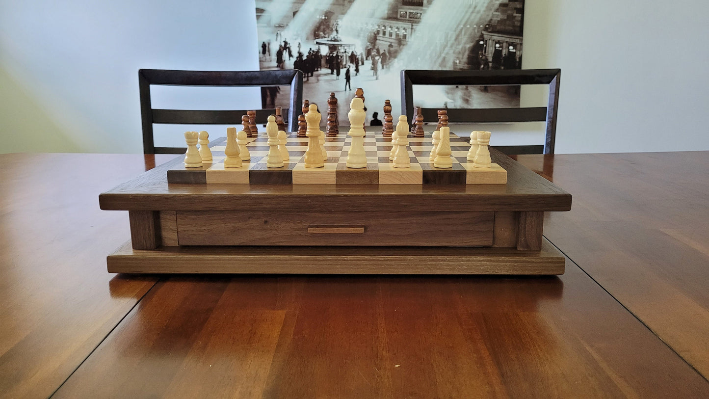 Hardwood Chess Set with Storage - Solid Walnut and Maple - Hand Made