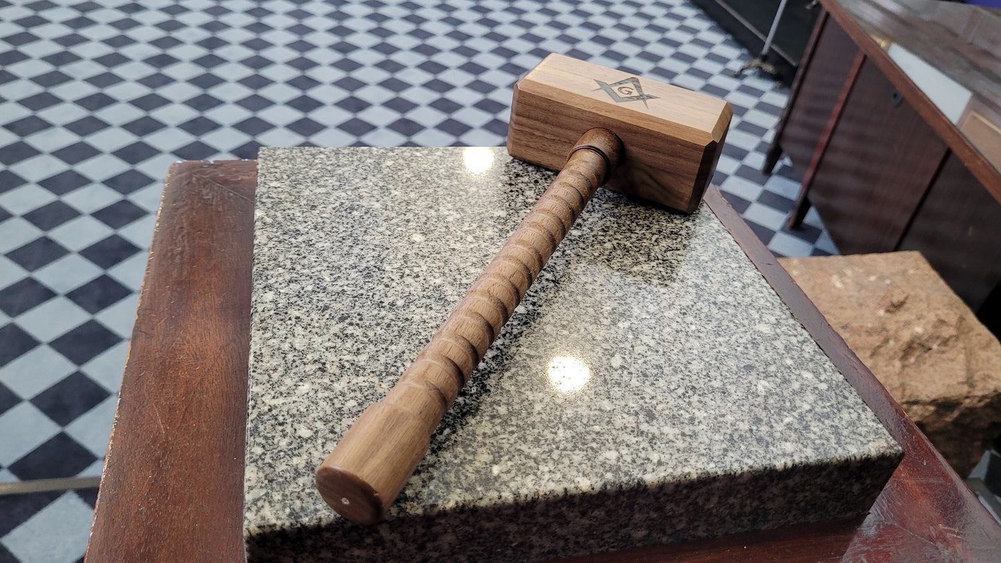 Masonic Gavel with Sounding Block -  Square Head with Gripped Handle - Solid Walnut - Hand Made
