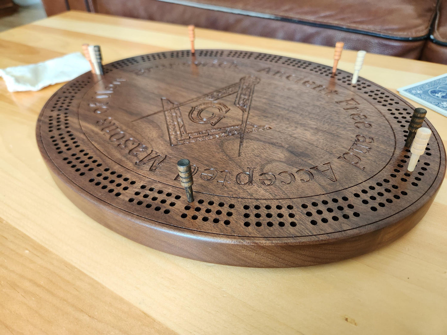 Masonic Cribbage Board -  3 Track - Solid Walnut - Hand Made
