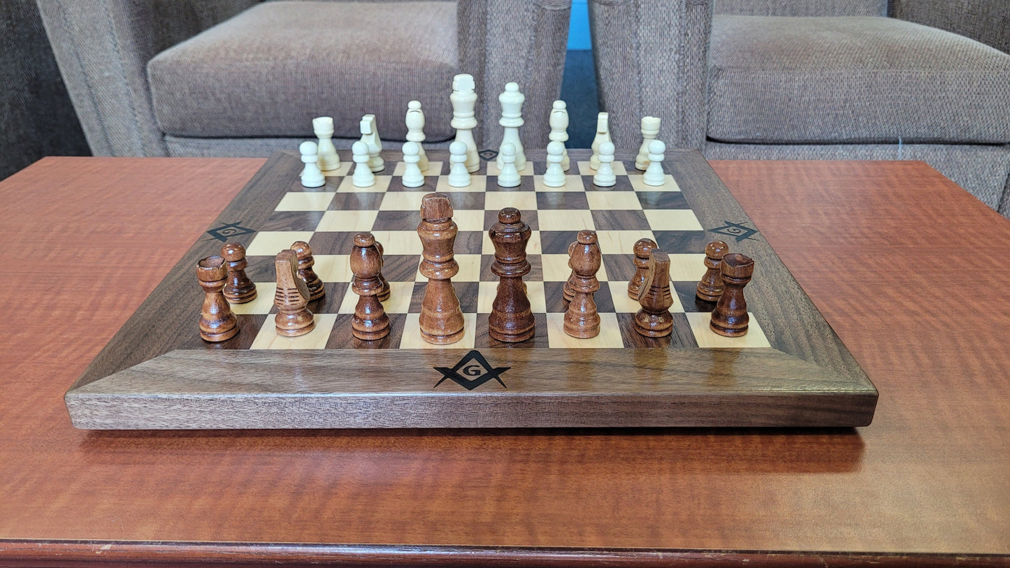Masonic Wood Chess Set - Walnut and Maple - Coffee Table Size - Flat Board