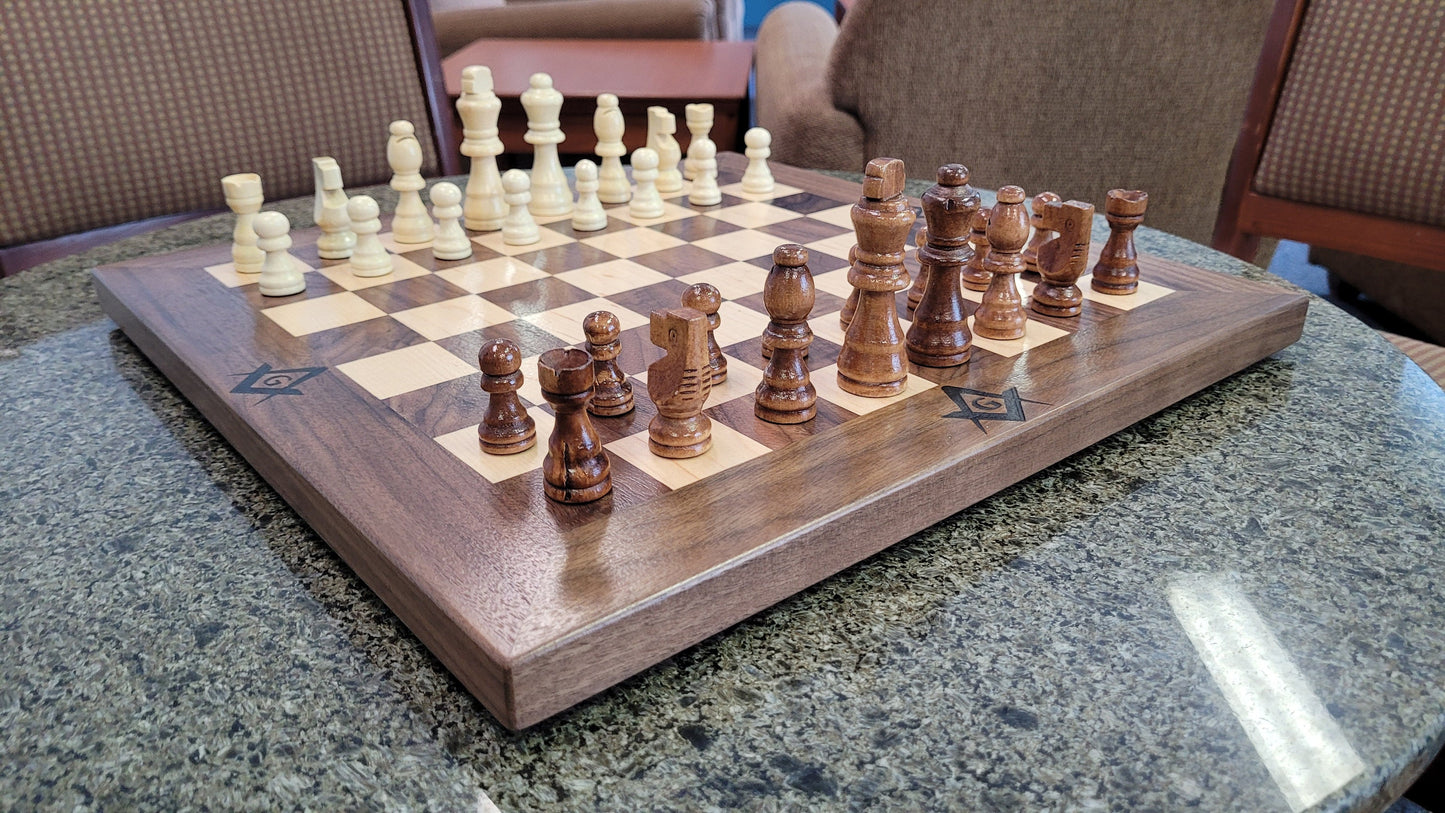 Masonic Wood Chess Set - Walnut and Maple - Coffee Table Size - Flat Board