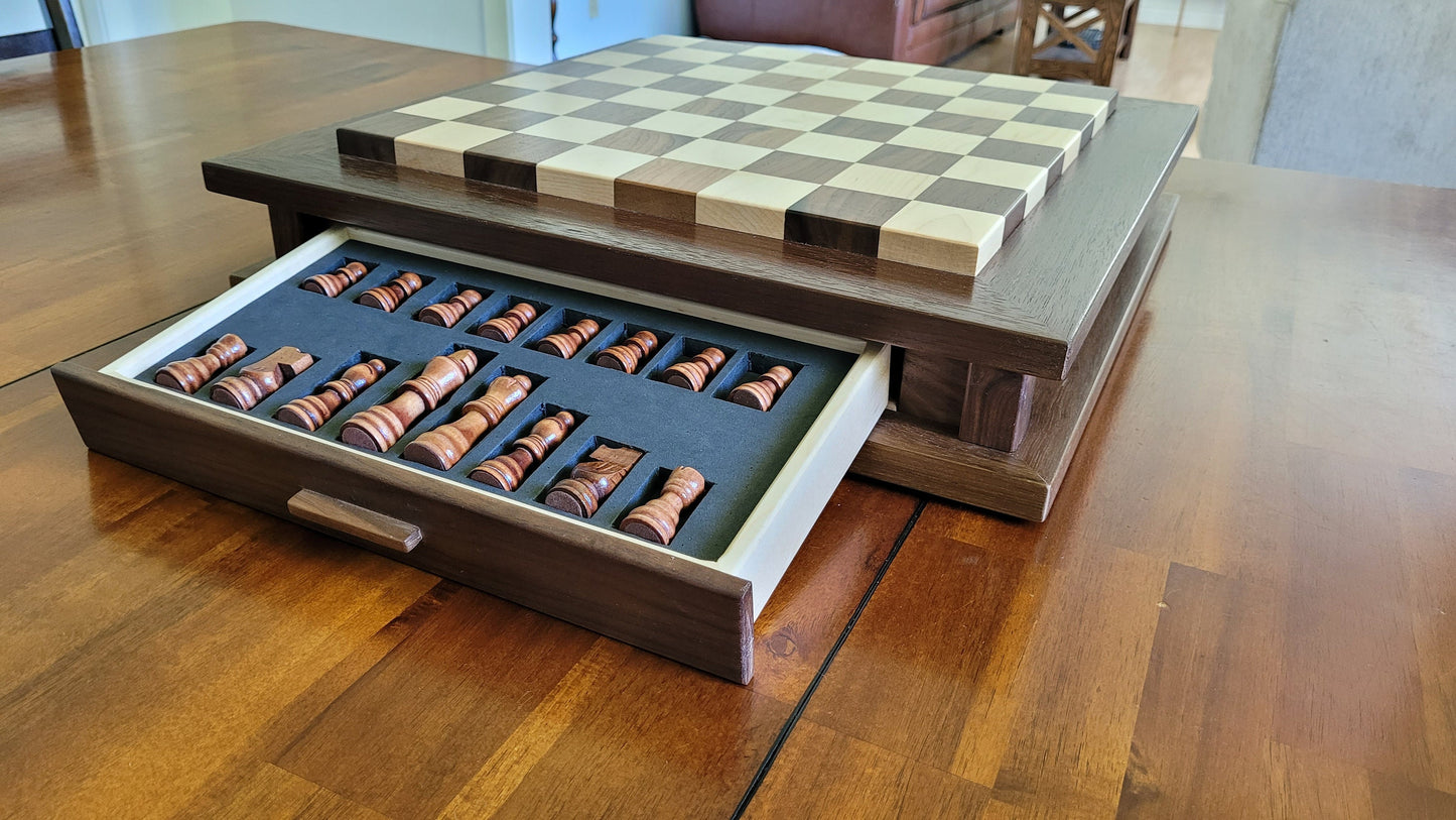 Hardwood Chess Set with Storage - Solid Walnut and Maple - Hand Made