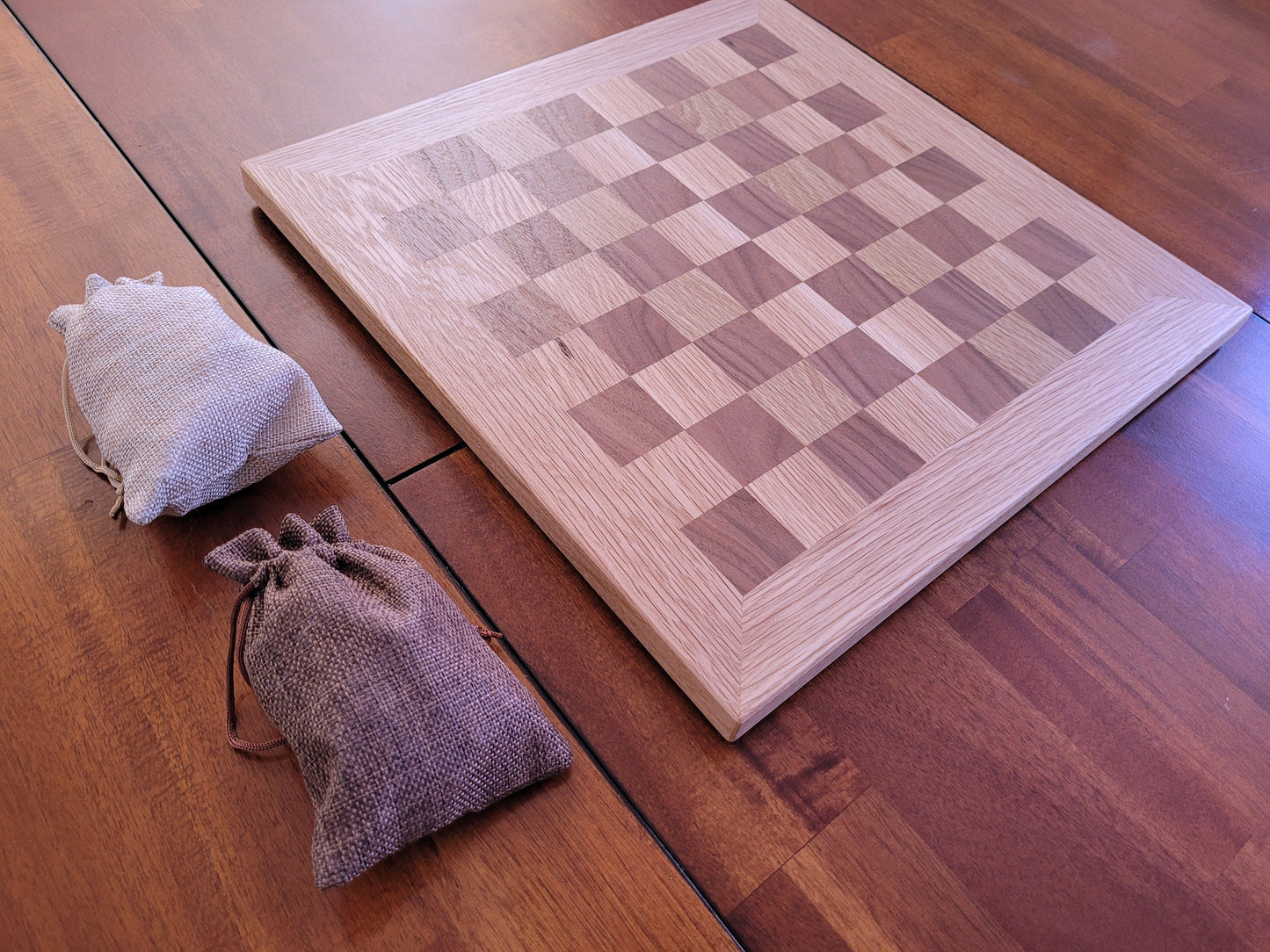 Wood Chess Set - Solid Walnut and Oak Board with Oak Border - Coffee Table Size - Hand Made Board