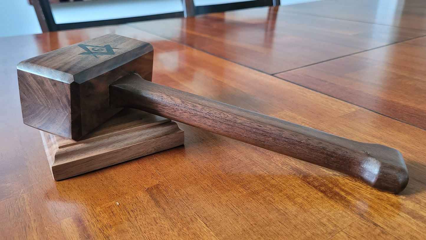 Masonic Gavel with Contoured Handle and Sound Block - Solid Walnut - Hand Made