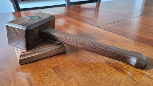 Masonic Gavel with Contoured Handle and Sound Block - Solid Walnut - Hand Made