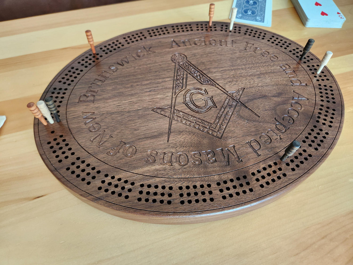 Masonic Cribbage Board -  3 Track - Solid Walnut - Hand Made