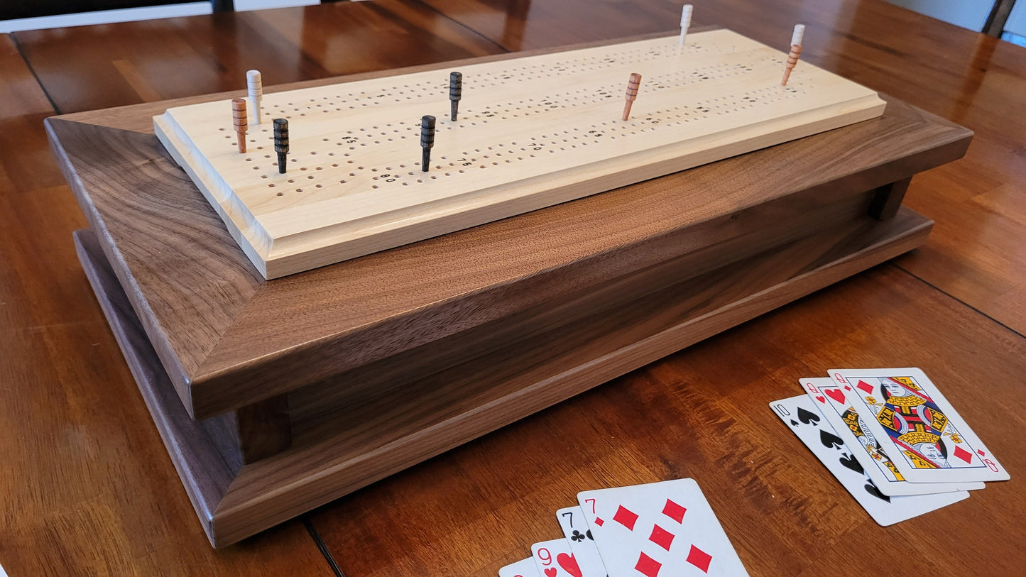 Cribbage Board with Storage Box -  3 Track - Walnut and Maple - Hand Made