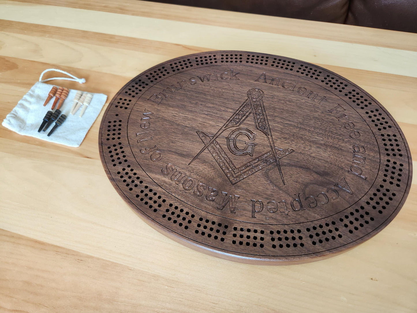 Masonic Cribbage Board -  3 Track - Solid Walnut - Hand Made