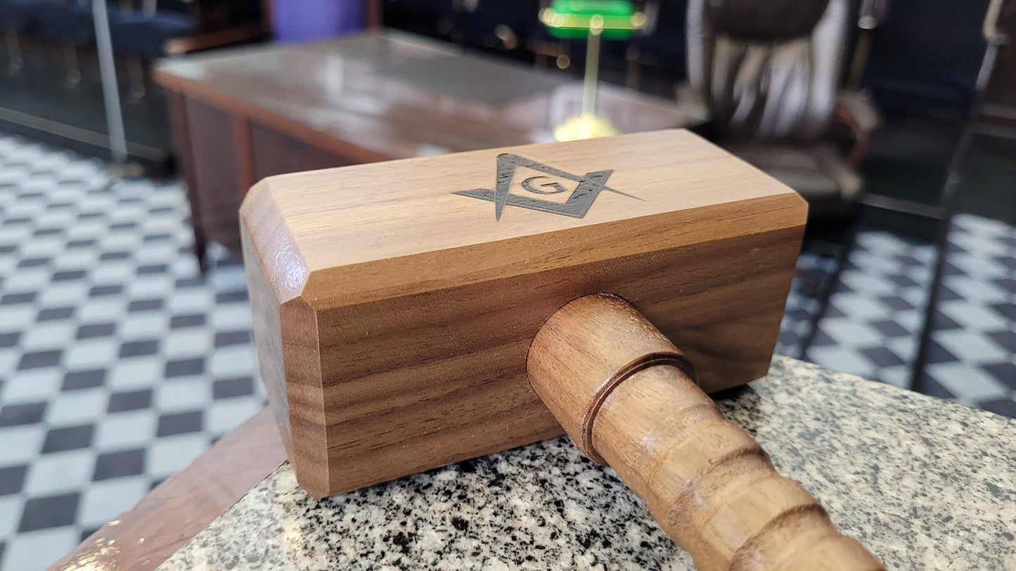 Masonic Gavel with Sounding Block -  Square Head with Gripped Handle - Solid Walnut - Hand Made