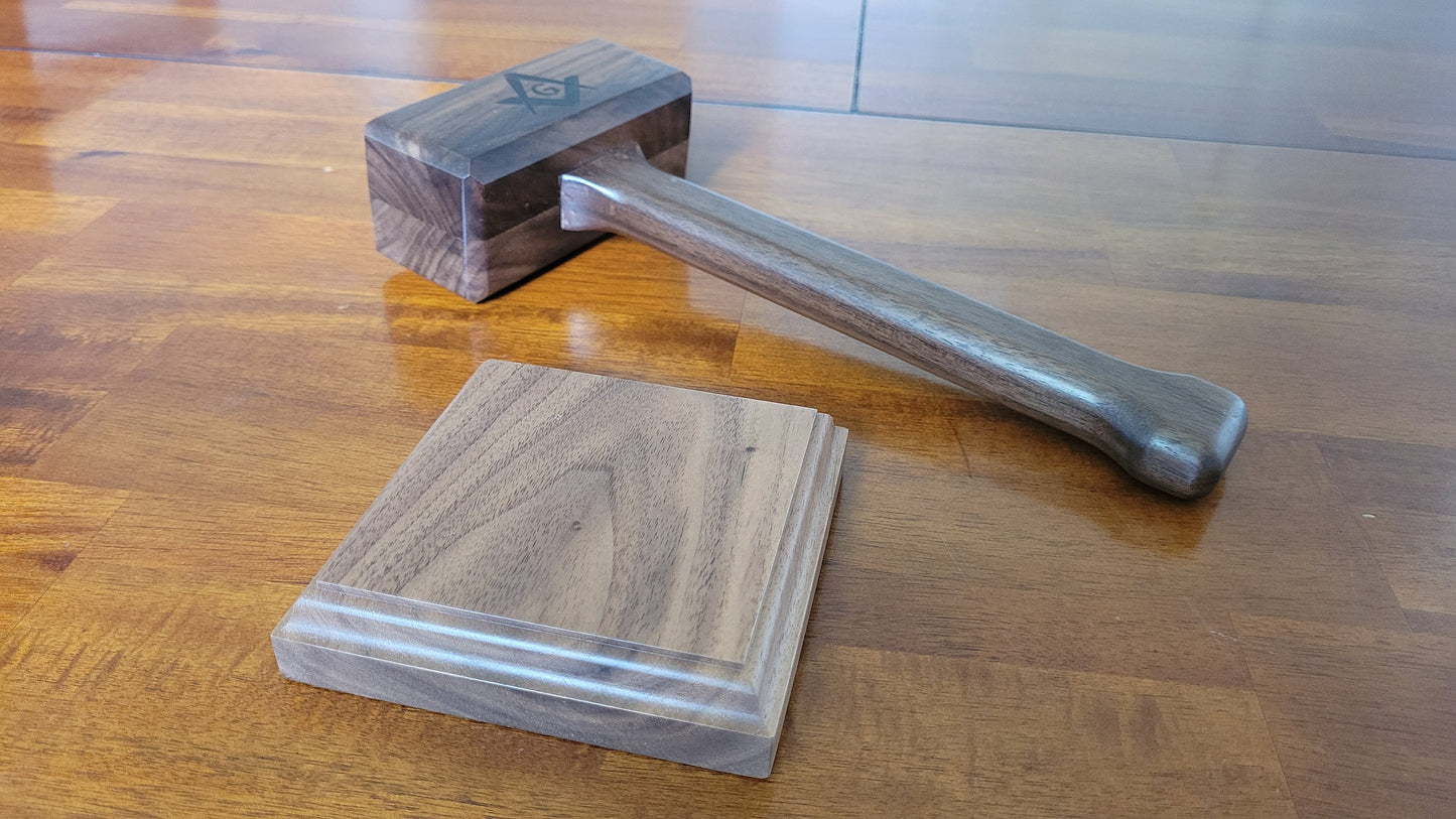 Masonic Gavel with Contoured Handle and Sound Block - Solid Walnut - Hand Made