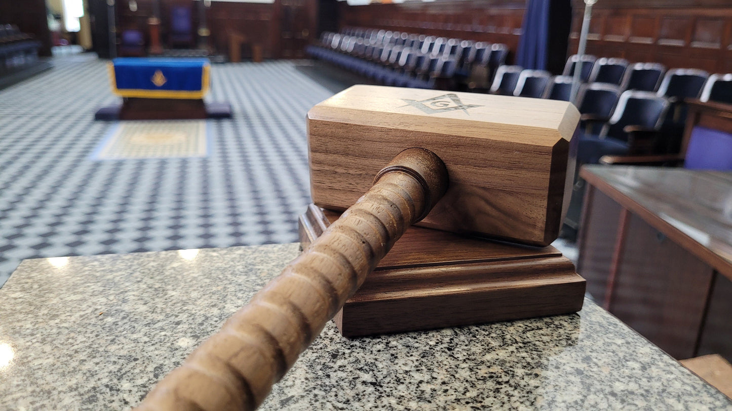 Masonic Gavel with Sounding Block -  Square Head with Gripped Handle - Solid Walnut - Hand Made