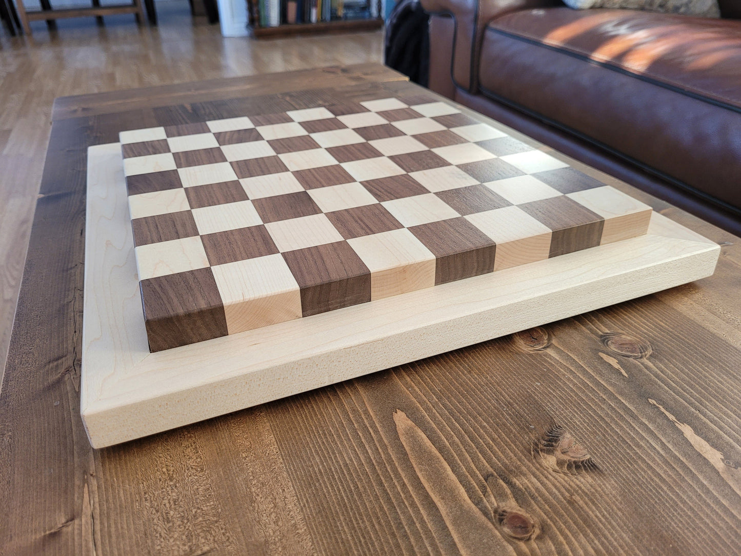 Wood Chess Set - Raised Board - Walnut and Maple with Maple Border - Coffee Table Size