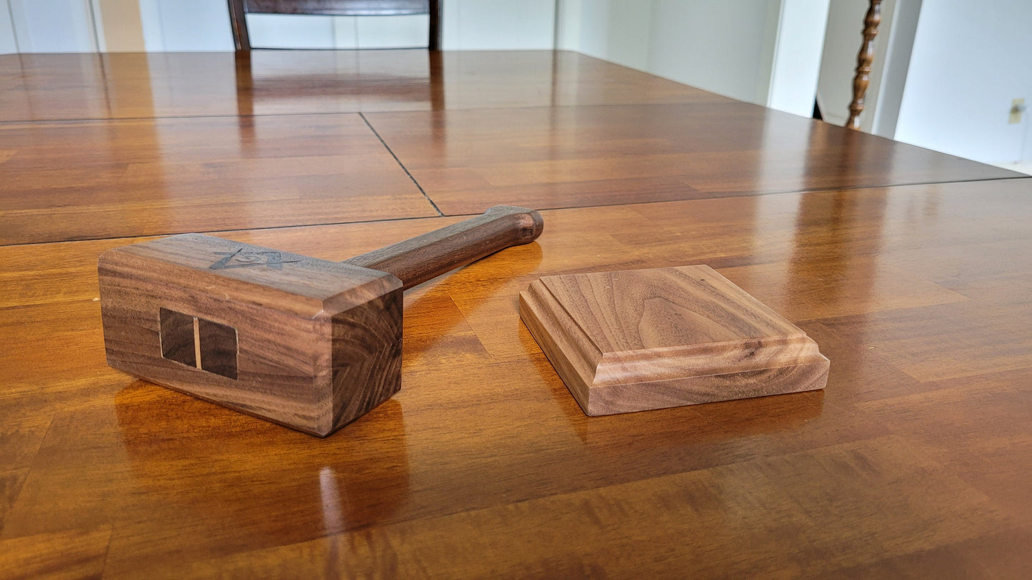 Masonic Gavel with Contoured Handle and Sound Block - Solid Walnut - Hand Made