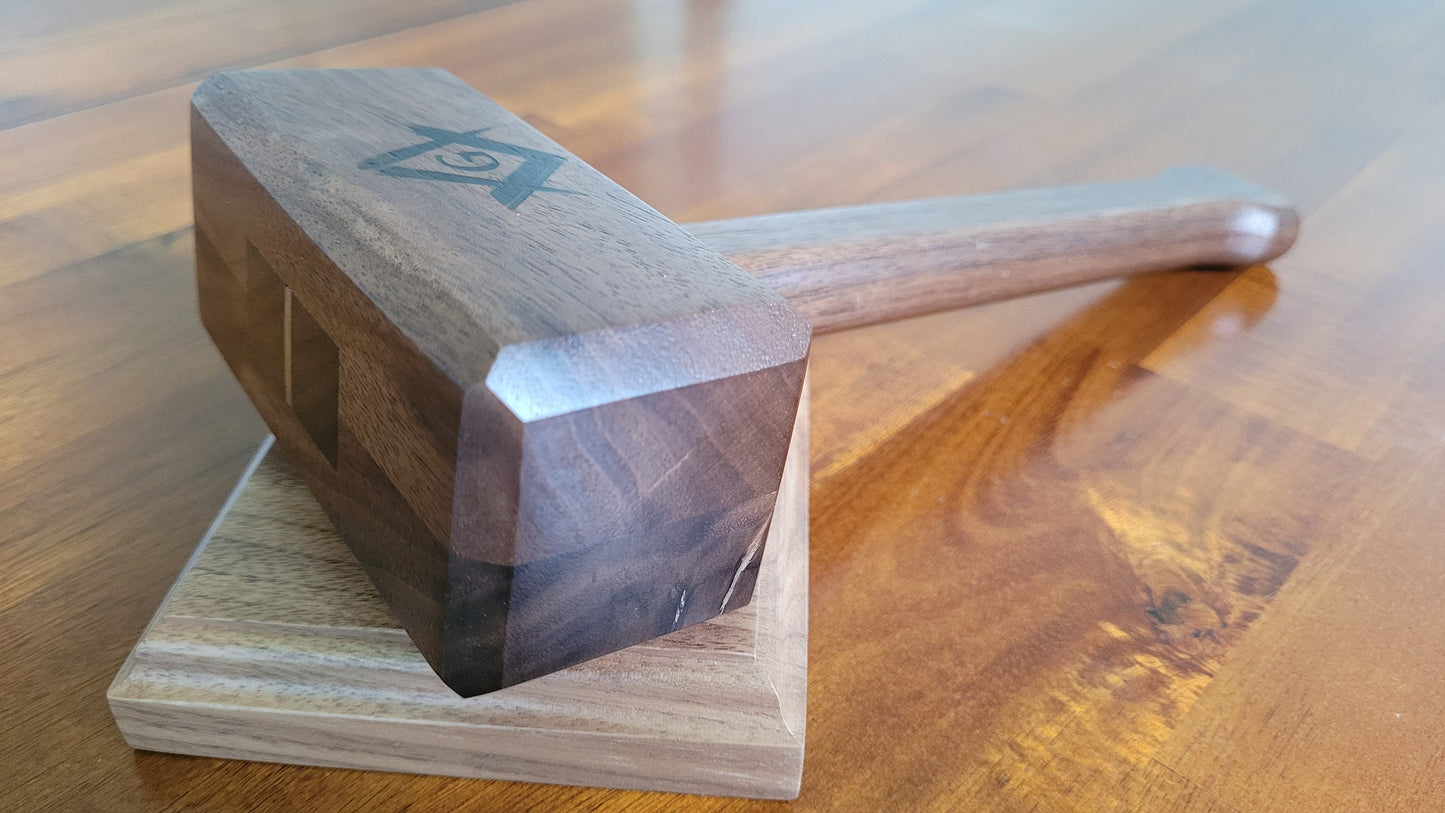 Masonic Gavel with Contoured Handle and Sound Block - Solid Walnut - Hand Made