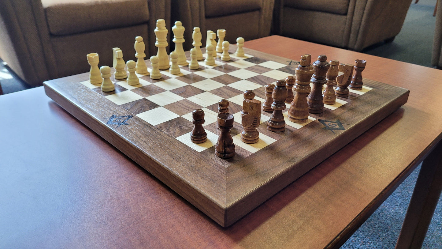 Masonic Wood Chess Set - Walnut and Maple - Coffee Table Size - Flat Board