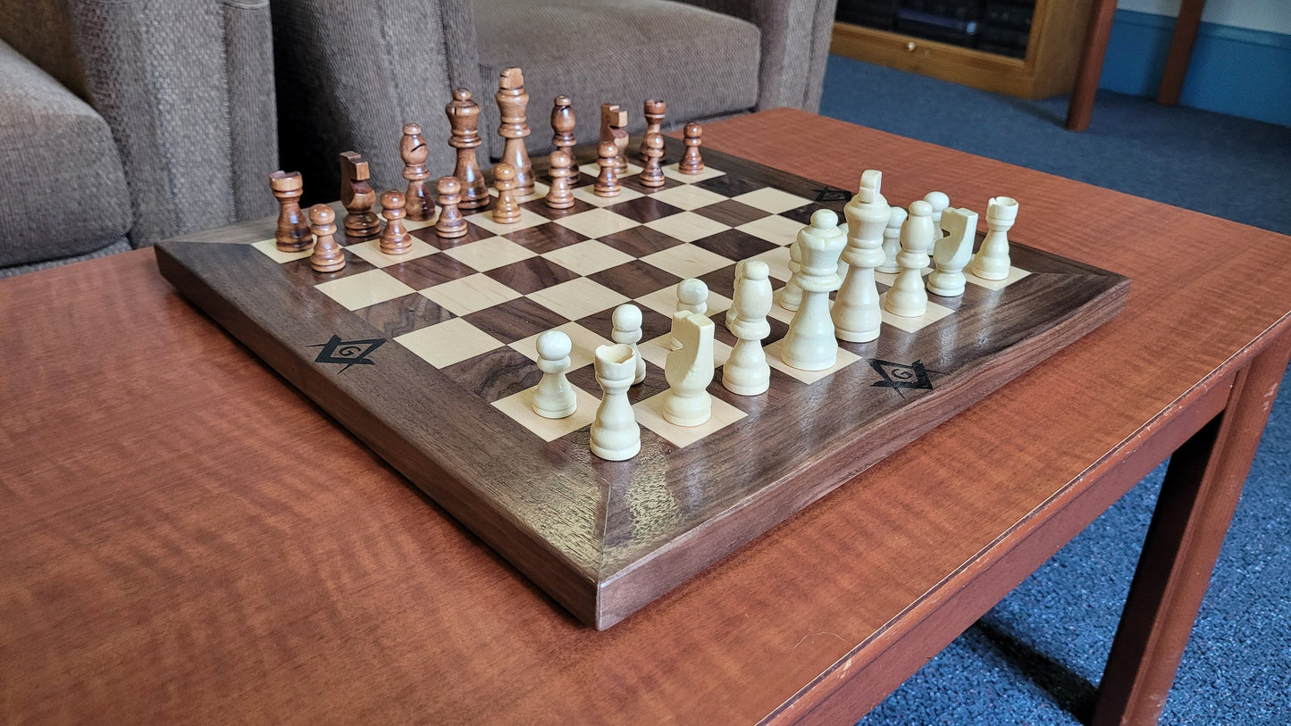 Masonic Wood Chess Set - Walnut and Maple - Coffee Table Size - Flat Board
