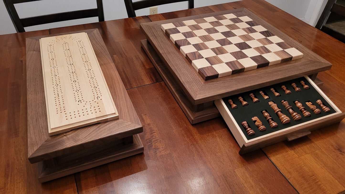 Premium Chess and Cribbage Boards - Matching Set -  Solid Walnut and Maple - Hand Made