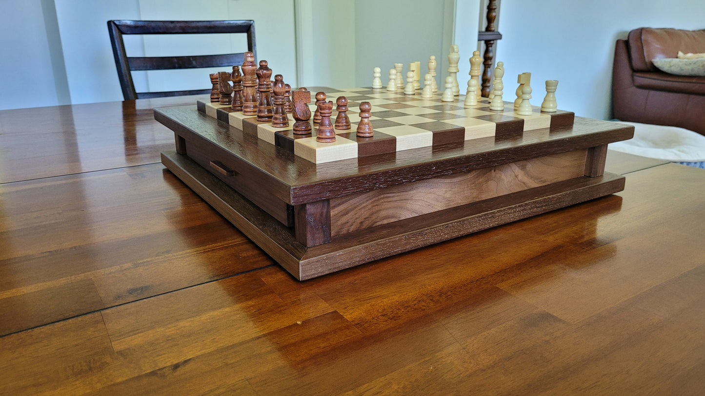 Hardwood Chess Set with Storage - Solid Walnut and Maple - Hand Made