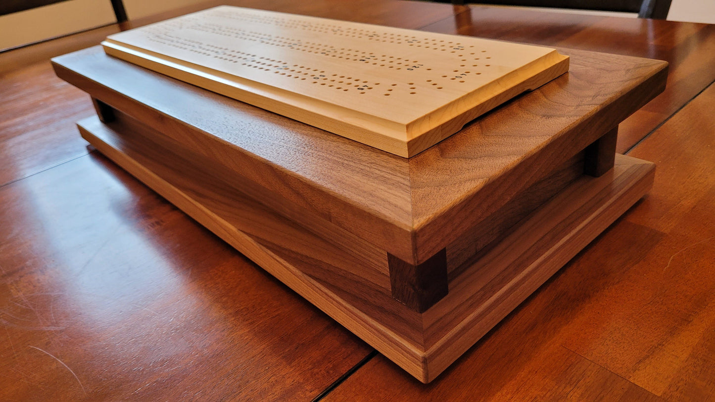 Cribbage Board with Storage Box -  3 Track - Walnut and Maple - Hand Made
