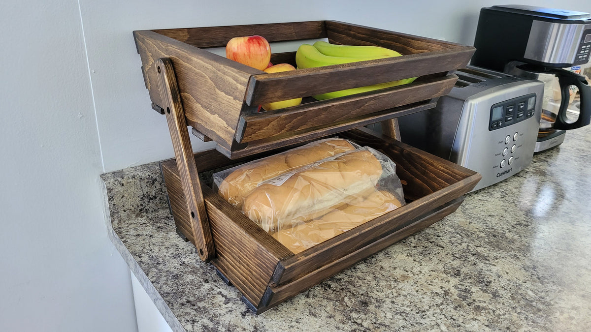 Food Table Rack Wood Solid Wood Fruit and Vegetable Rack - 2 Tier - Dark Walnut Stained ...